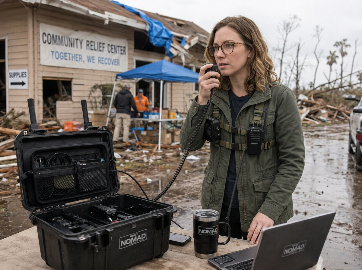 A volunteer operates a Project NOMAD kit outside a tornado-damaged community relief center, coordinating over a handheld radio.
