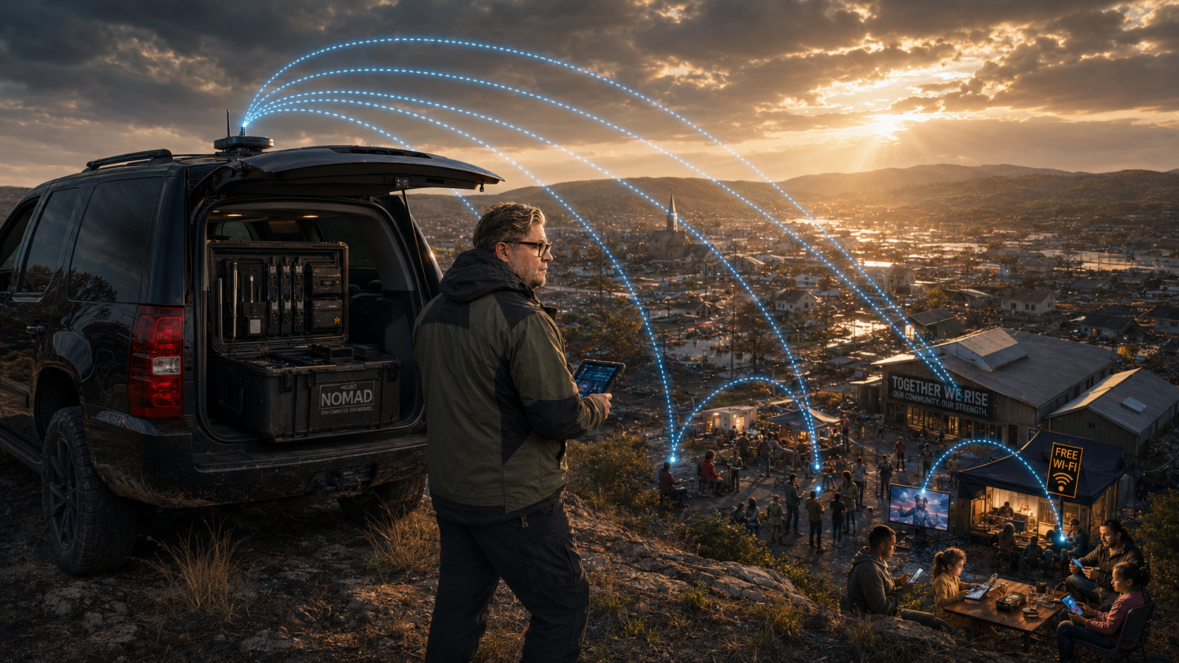 Mercer Aplin stands beside a mobile NOMAD response unit overlooking a town at dusk, broadcasting local Wi-Fi to a community below.