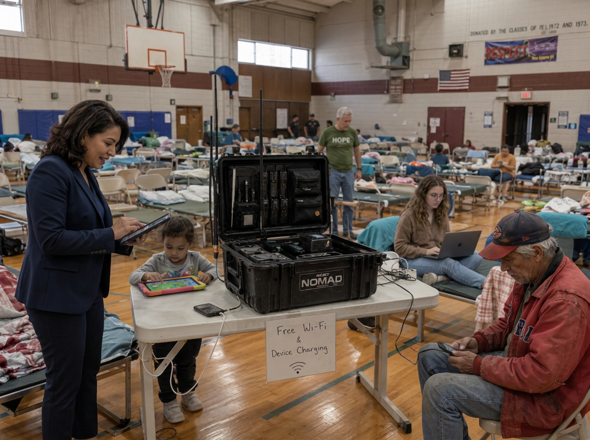 Evacuees inside a school gymnasium shelter using free Wi-Fi and device charging provided by a Project NOMAD kit.